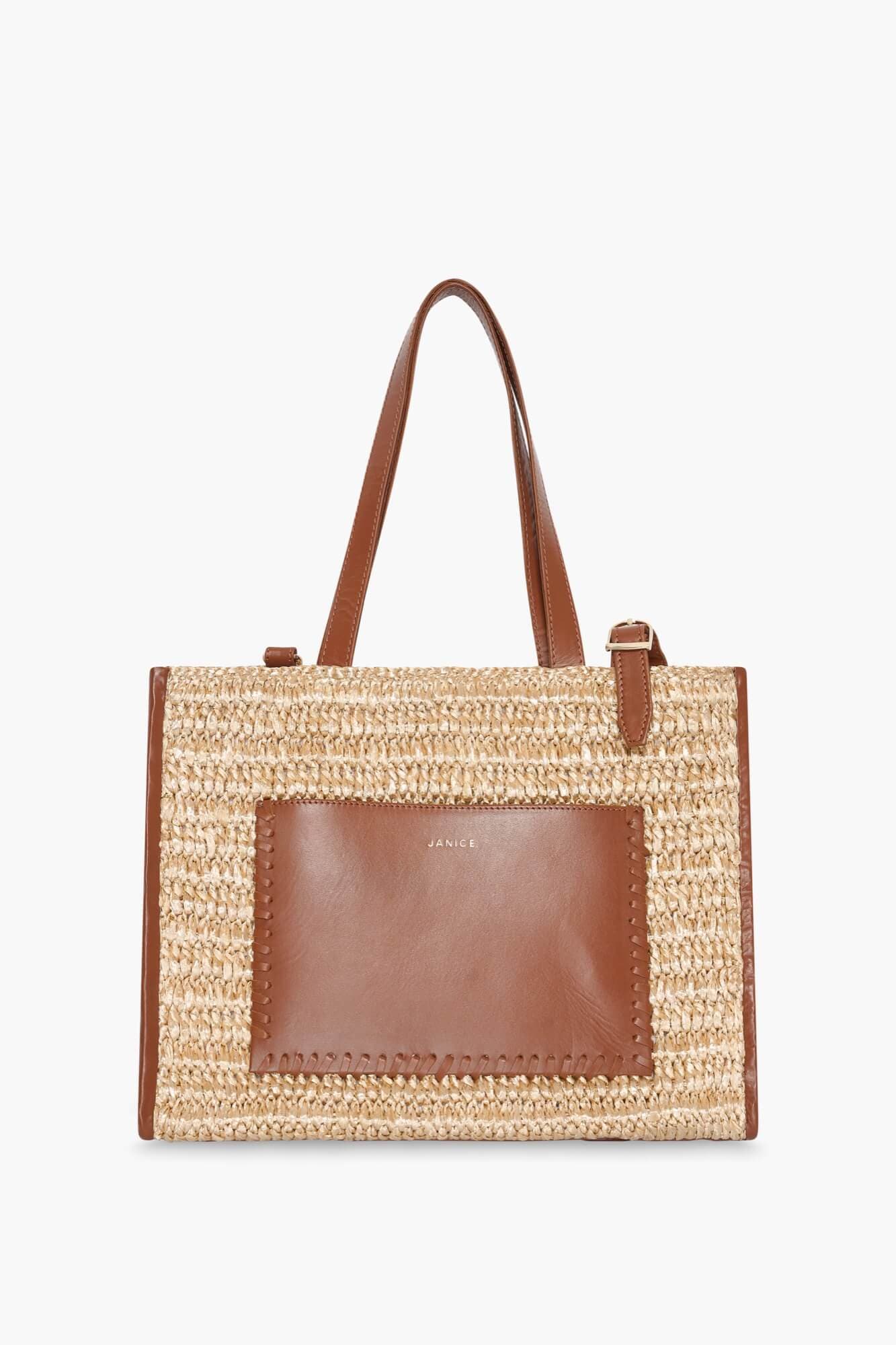 Tas Raffia Leer Leo Naturel Beige Medium